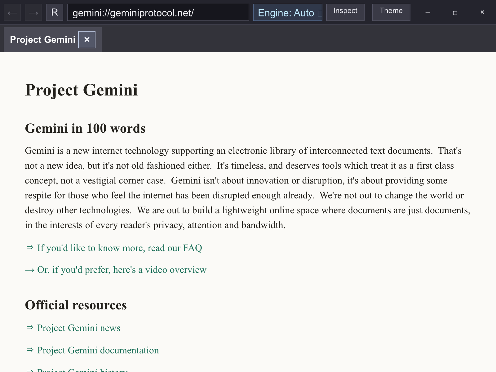 A Gemini capsule rendered as a native serif document inside the Pelt workspace, its address gemini://geminiprotocol.net/ in the chrome row.
