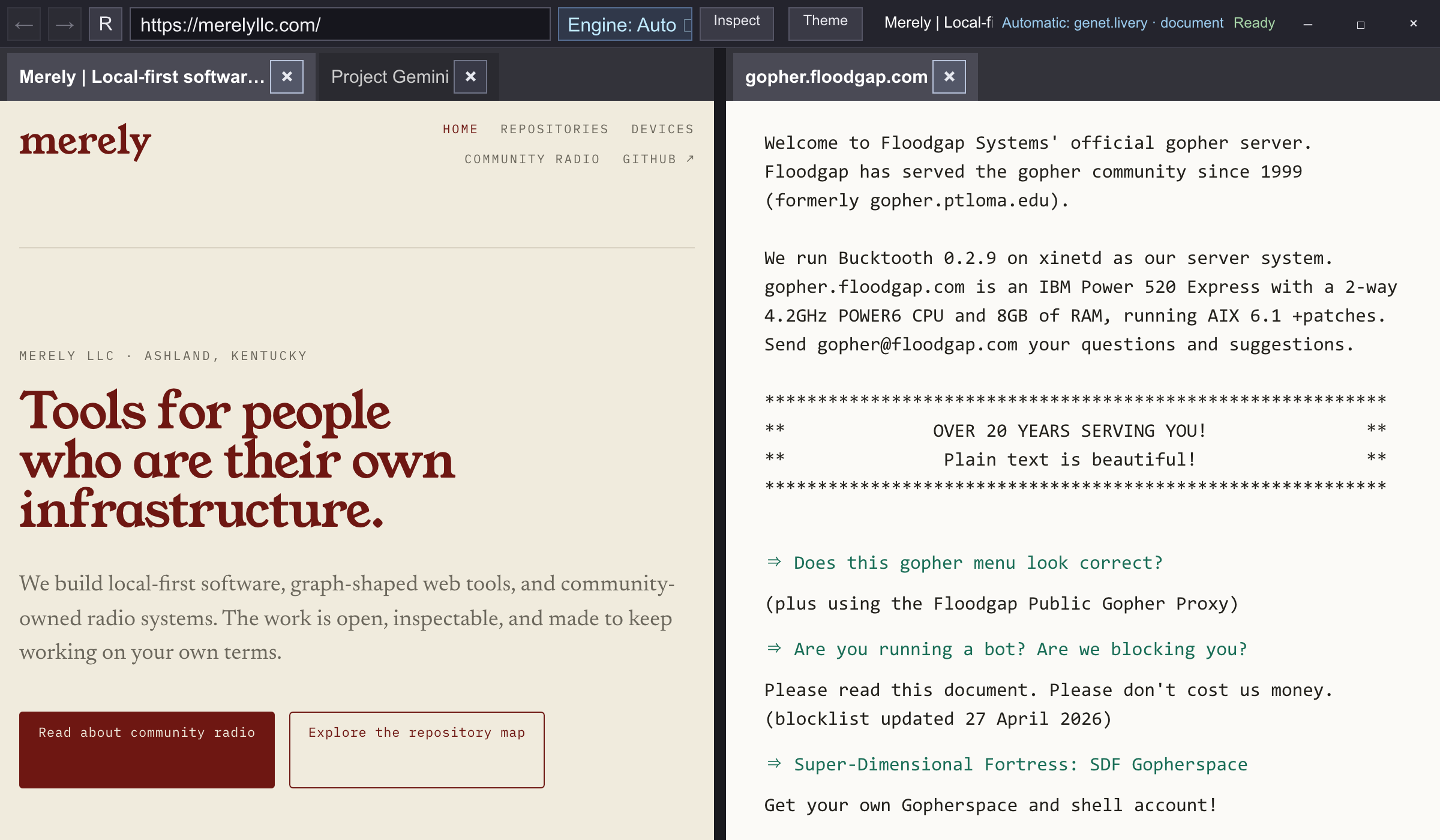 Pelt showing two tiled panes under a single-row chrome carrying its own window controls: the Merely home page in the left pane with a second tab behind it, and the Floodgap Gopher menu set in monospace on the right.