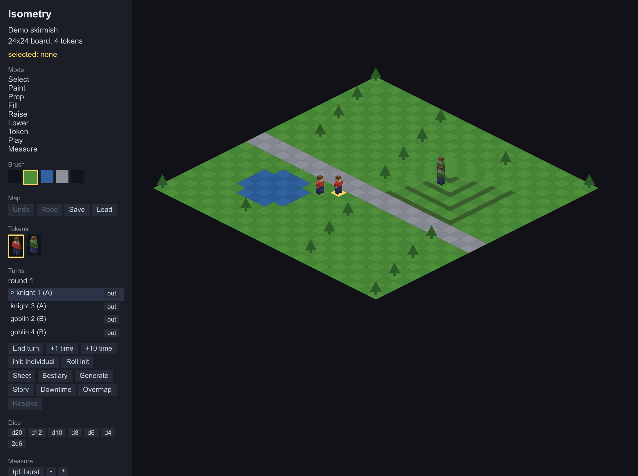 Isometry displaying a painted isometric battlemap with terrain, four tokens, editing tools, and turn order.